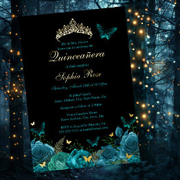 Small Teal Blue Gold Floral Butterfly Tiara Quinceanera Foil Invitation Front View
