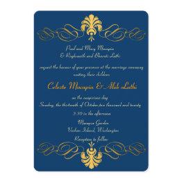 Small Teal Blue Gold Retro Ornate Indian Wedding Invites Front View