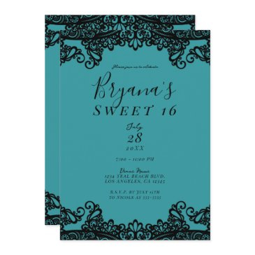 teal blue green black lace sweet 16 party invitation