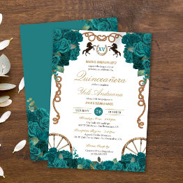 Small Teal Blue Green Rose Country Western Quinceanera Invitation Front View