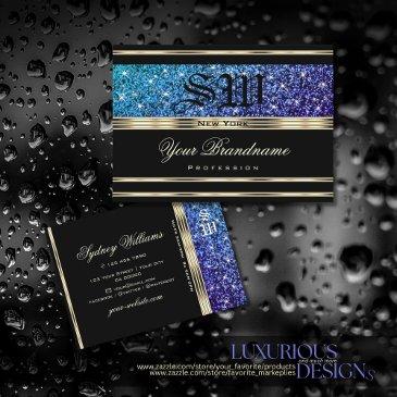 teal blue purple ombre glitter monogram gold black business invitations
