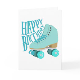 Small Teal Blue Retro Quad Roller Skate Happy Birthday Invitations Front View