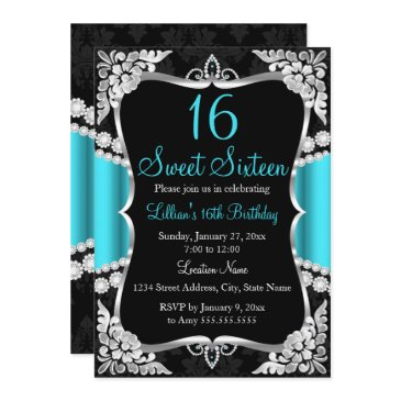 teal blue silver black tiara sweet 16 invitation