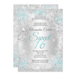 Small Teal Blue Snowflake Sweet 16 Birthday Party Invitation Front View