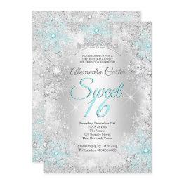 Small Teal Blue Snowflake Sweet 16 Birthday Party Invitation Front View