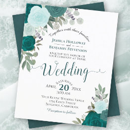 Small Teal Boho Chic Floral Budget Wedding Invitation Front View