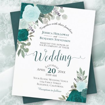 teal boho chic floral budget wedding invitation