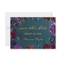 Small Teal Bordeaux Amethyst Jewel Tone Save The Date Invitation Front View