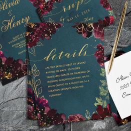 Small Teal Bordeaux Jewel Tone Wedding Details Sheet Enclosure Invitations Front View