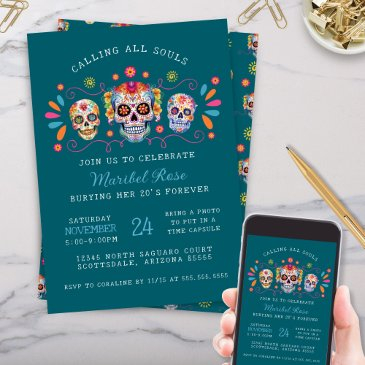 teal caladera day of the dead sugar skull birthday invitation
