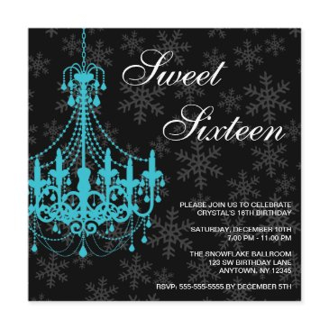 teal chandelier black snowflakes sweet 16 birthday invitation