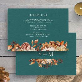 Small Teal Fall Terracotta Botanical Wedding Reception Enclosure Invitations Front View