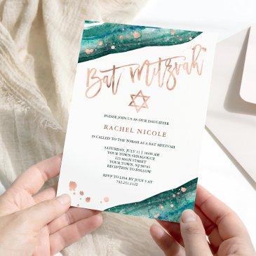 teal geode and faux rose gold look bat mitzvah invitation