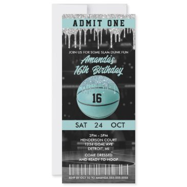 teal girls basketball birthday ticket invitation