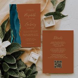 Small Teal Gold Agate Burnt Orange Rust Qr Code Wedding Invitation Front View