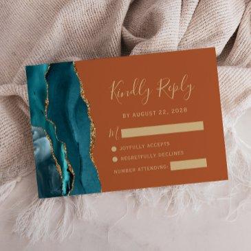 teal gold agate burnt orange wedding rsvp invitations