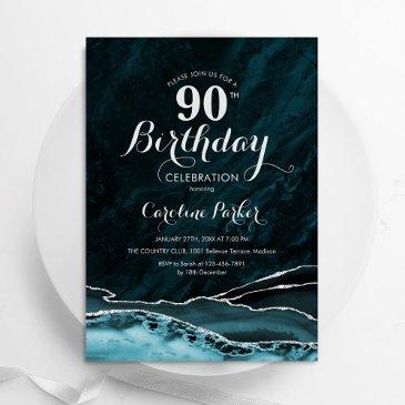 teal gold agate marble 90th birthday invitation