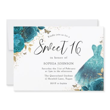 teal & gold sparkle dress rose sweet 16 birthday invitation