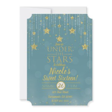 teal & gold under the stars starry sweet 16 invitation