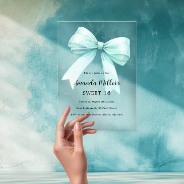 teal green bow cream clear sweet 16 acrylic invitations
