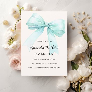 teal green bow cream elegant sweet 16 invitation