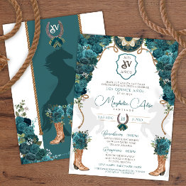 Small Teal Green Floral Western Charro Quinceañera Invitation Front View