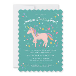 Small Teal Green Pastel Rainbow Unicorn Birthday Party Invitation Front View
