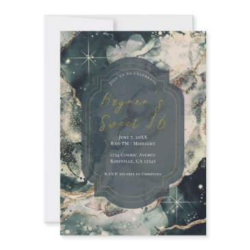 teal green watercolor gold celestial sweet 16 invitation