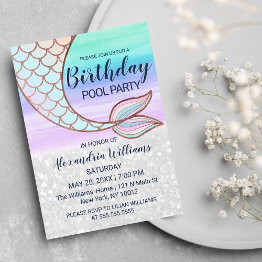 Small Teal Pink Glam Glitter Mermaid Tail Pool Birthday Invitation Postinvitations Front View