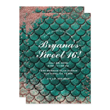 teal & pink rose gold glitter mermaid sweet 16  invitation