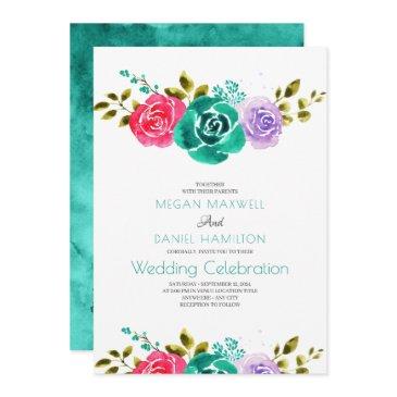 teal red purple roses floral wedding invitation