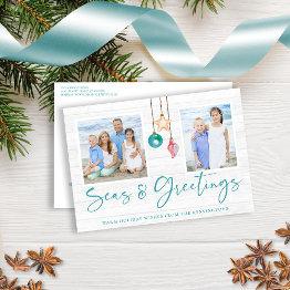 Small Teal Seas And Greetings Seashell Ornament Photo Holiday Postinvitations Front View