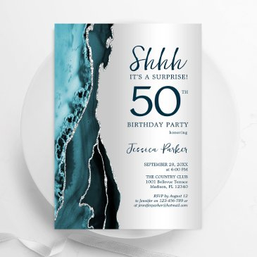 teal silver agate surprise 50th birthday invitation