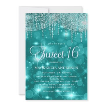 teal turquoise string lights bokeh sweet 16 invitation