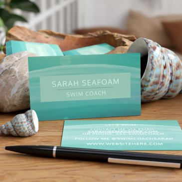 teal watercolor waves modern swim coach business invitations
