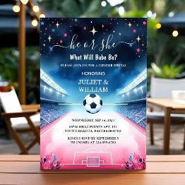 Small Team Ball Pitch Fun Soccer Field Gender Reveal Invitation Front View