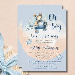 Small Teddy Bear Aviator Oh Boy Baby Shower Invitation Front View