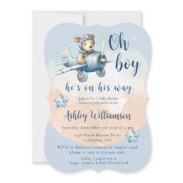 Small Teddy Bear Aviator Oh Boy Baby Shower Invitation Front View