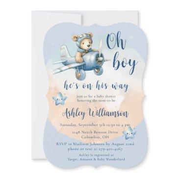 teddy bear aviator oh boy baby shower invitation