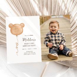 Small Teddy Bear Balloon Beary-y First Birthday Party Invitation Front View
