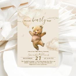 Small Teddy Bear Bearly Wait Air Balloon Baby Shower Invitation Front View