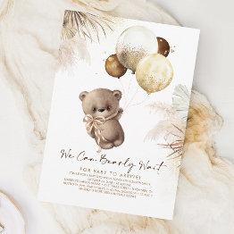 Small Teddy Bear Brown And Gold Balloons Baby Shower Invitation Front View