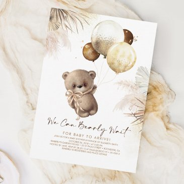 teddy bear brown and gold balloons baby shower invitation