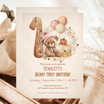 teddy bear fall pumpkins girl beary 1st birthday invitation