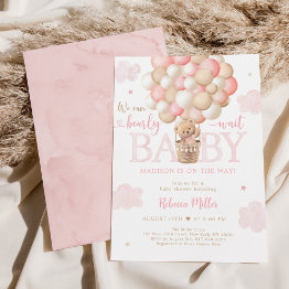 Small Teddy Bear Hot Air Balloon Pink Girl Baby Shower Invitation Front View