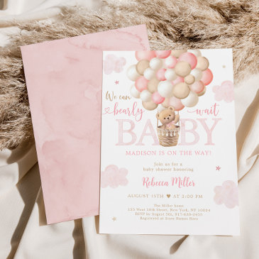 teddy bear hot air balloon pink girl baby shower invitation