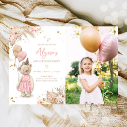 Small Teddy Bear Picnic Boho Pink Girl Birthday Party In Invitation Front View