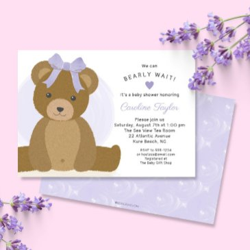 teddy bear with cute purple bow girl baby shower invitation