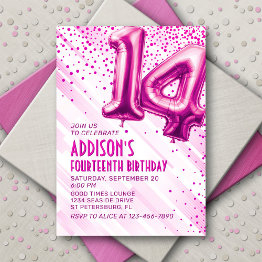 Small Teen Girls Pink 14th Birthday Invitation Front View