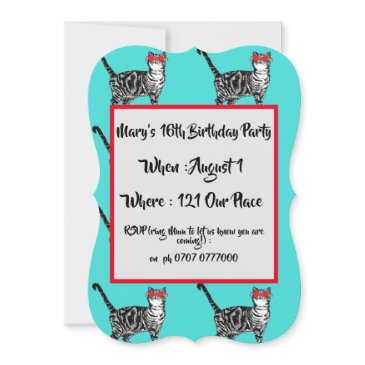 teenage girls aqua cat birthday invitation